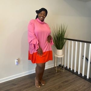 Rebdolls Pink and Red Ruffle Sleeve Shift Dress